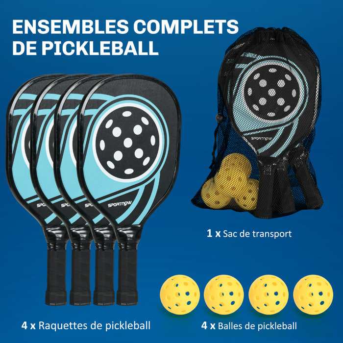 Lot de 4 raquettes de pickleball 4 balles jaune et sac de transport bleu noir