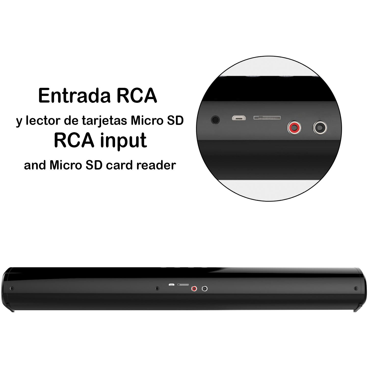 Soundbar 2.0 T90 Bluetooth 5.0. Ingresso RCA, ausiliario, Micro SD e radio FM. Batteria incorporata da 1800 mAh.