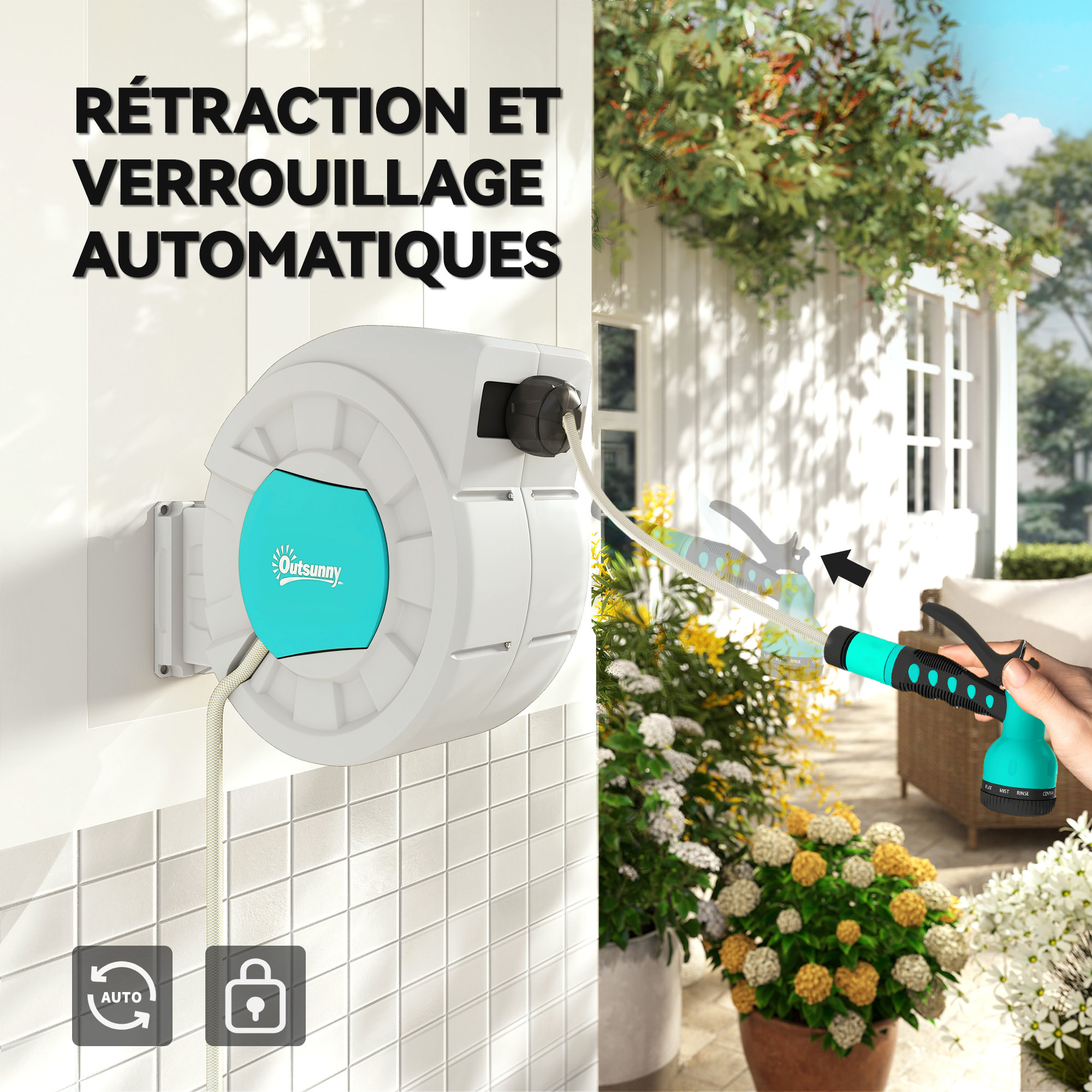 Dévidoir mural enrouleur automatique pivotant 180° tuyau 35 + 2 m avec lance arrosage 7 modes support mural intégré gris clair bleu