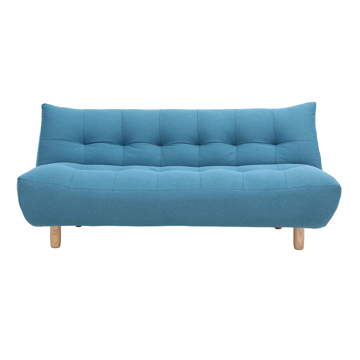 Canapé convertible scandinave 3 places en tissu bleu canard et bois clair YUMI