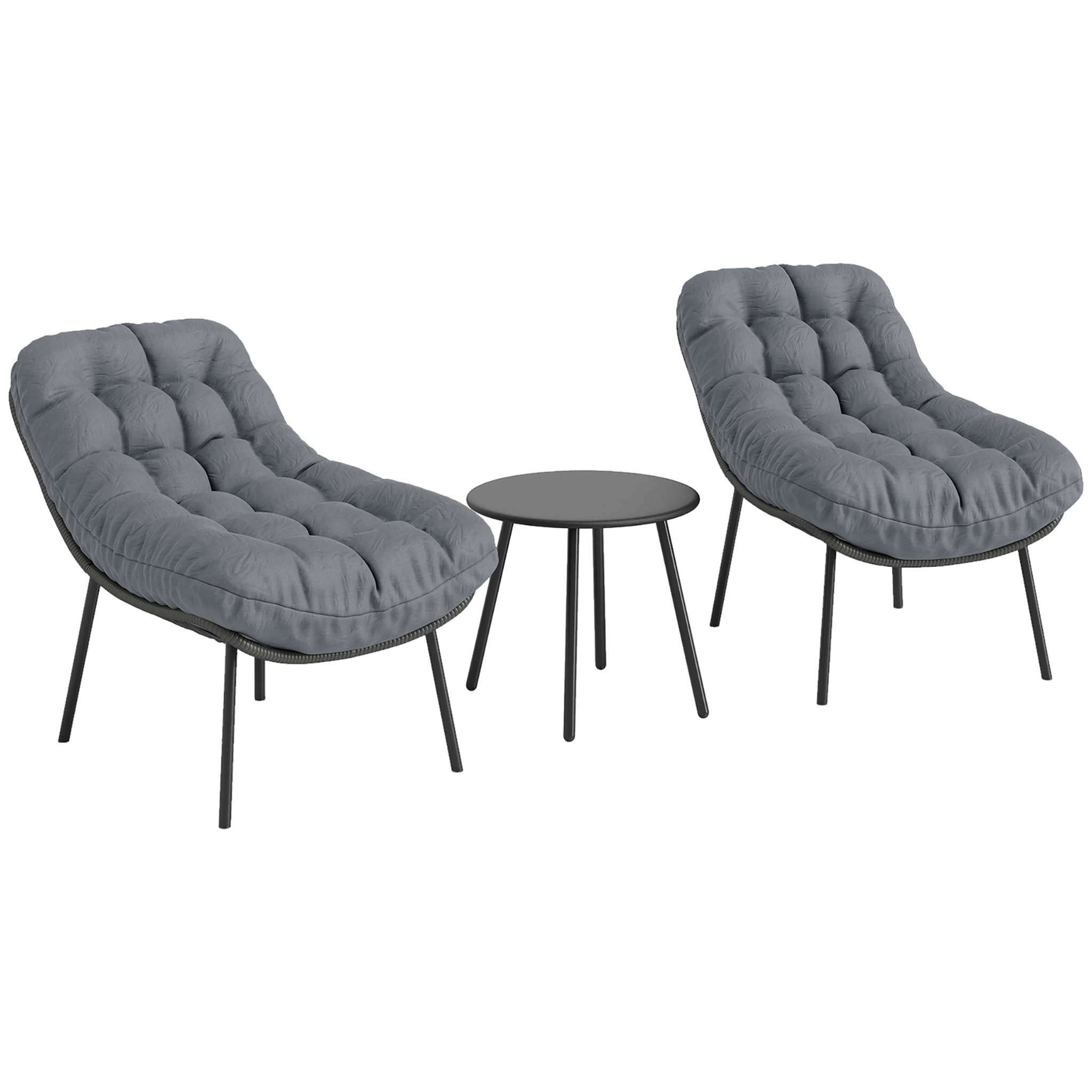 Salon de jardin 2 places 3 pièces style cosy épais coussins capitonnés 15 cm acier résine gris