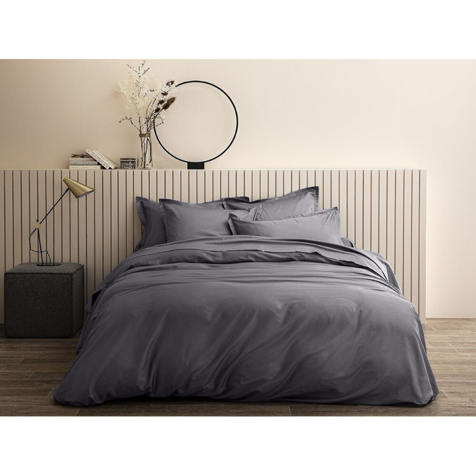 Housse De Couette 100% Satin de Coton lavé 105 Fils Gris Fonce