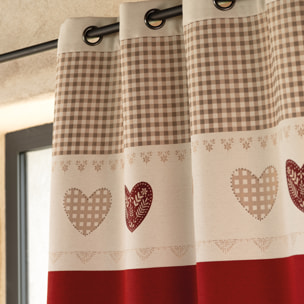 Rideau jacquard à œillets avec haut vichy et motifs cœurs - Rouge