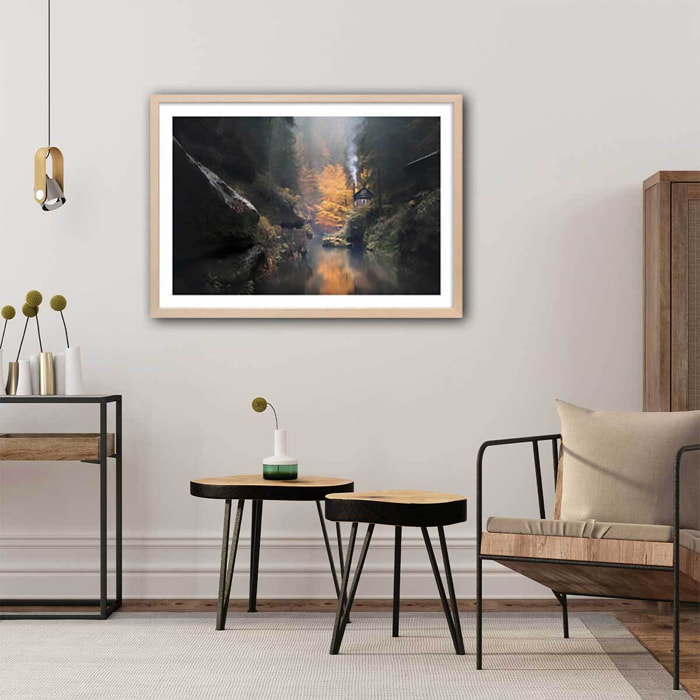 Affiche Vallée suisse en Automne Affiche + cadre en bois - Chêne