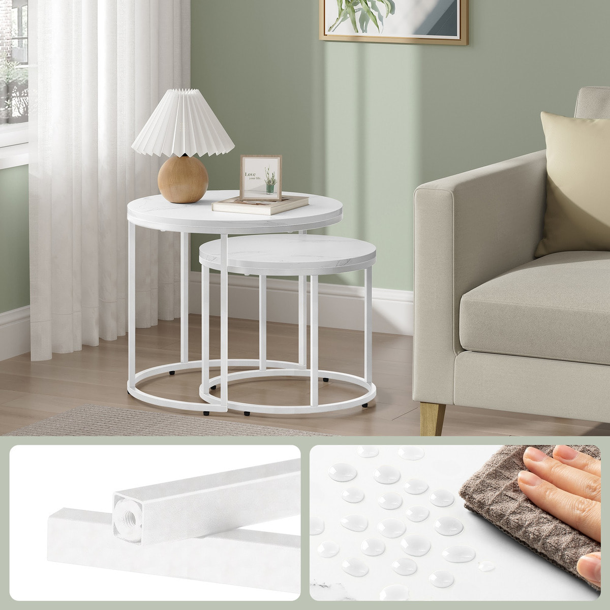 Set di 2 tavolini da salotto a incastro effetto marmo bianco