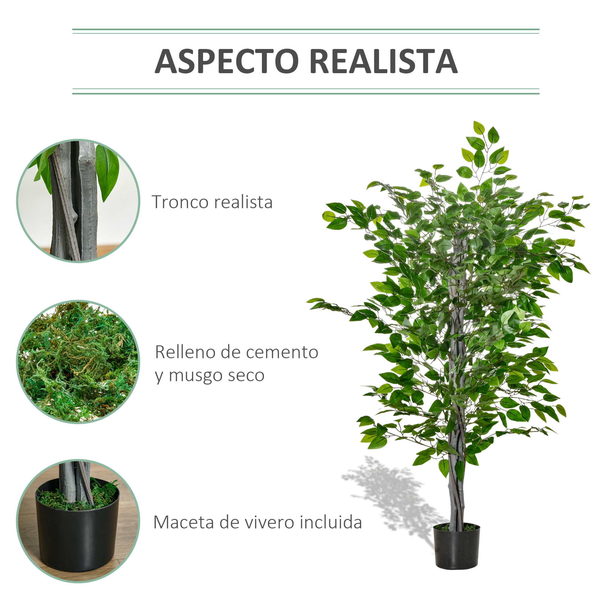 Planta Ficus Artificial 135 cm en Maceta con 756 Hojas Planta Sintética Realista para Interior y Exterior Planta Artificial Decorativa para Hogar Salón Oficina Verde