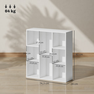 Librería de 3 Niveles Estantería de Libros con 8 Compartimentos Diseño Vertical u Horizontal para Sala de Estar Oficina Dormitorio 74,3x24x80 cm Blanco