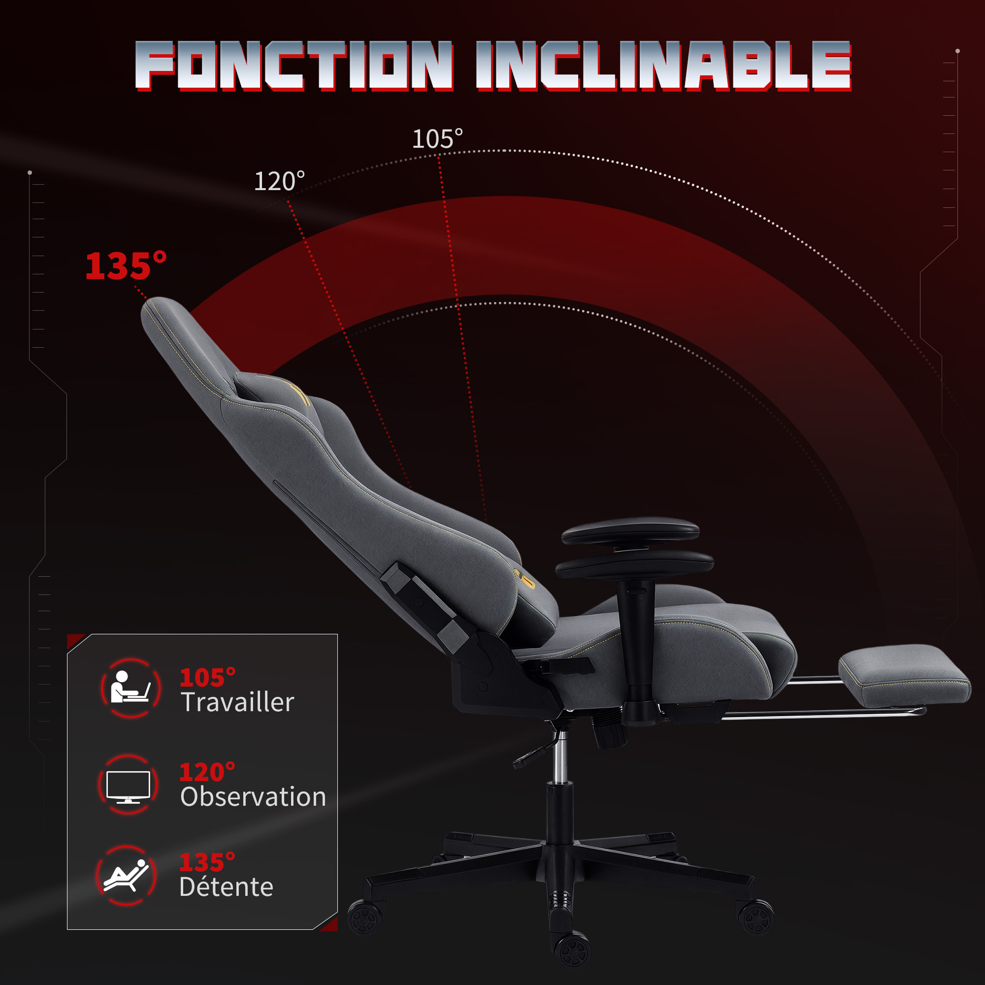 Chaise de bureau gaming ergonomique - chaise gaming réglable inclinable - fauteuil gamer avec coussins - tissu suédine gris