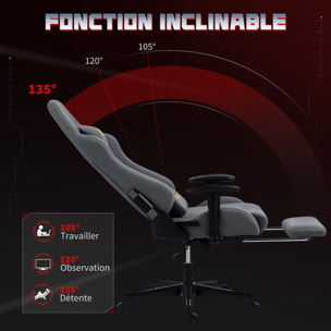Chaise de bureau gaming ergonomique - chaise gaming réglable inclinable - fauteuil gamer avec coussins - tissu suédine gris