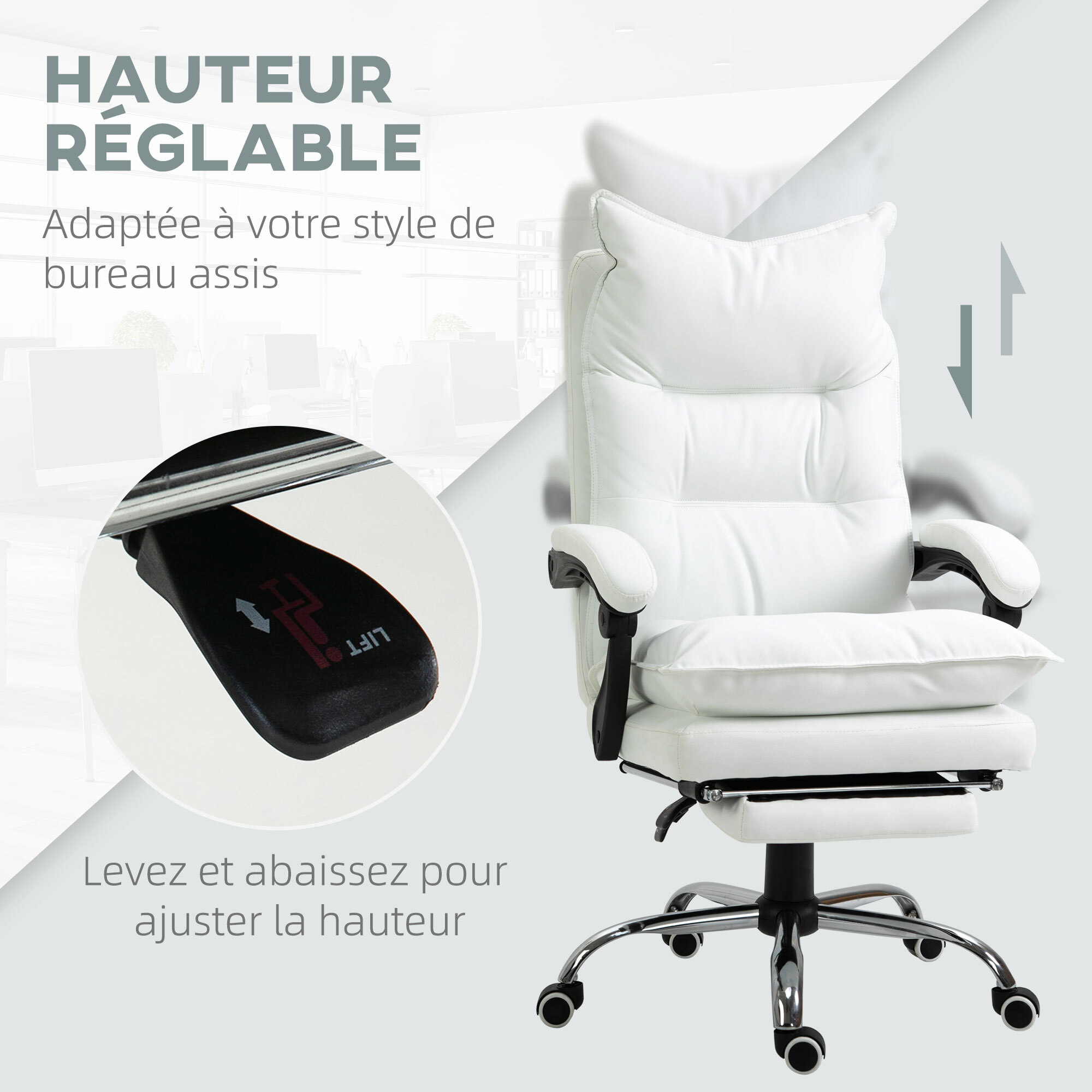 Fauteuil de bureau direction hauteur réglable dossier inclinable repose-pied intégré revêtement synthétique blanc