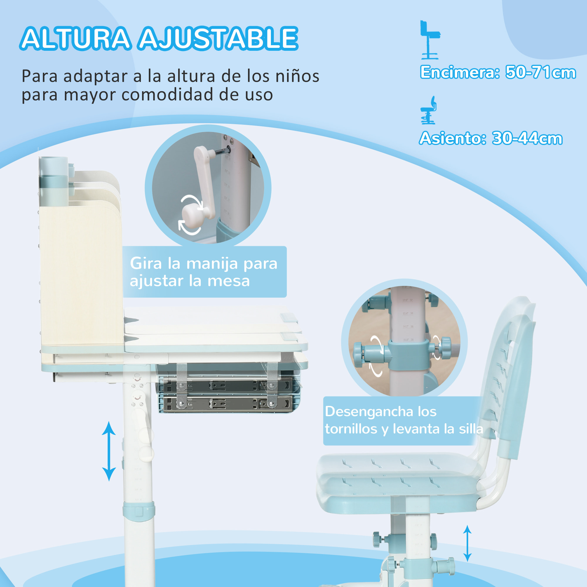 Juego de Escritorio y Silla para Niños de +3 Años con Altura Ajustable Azul