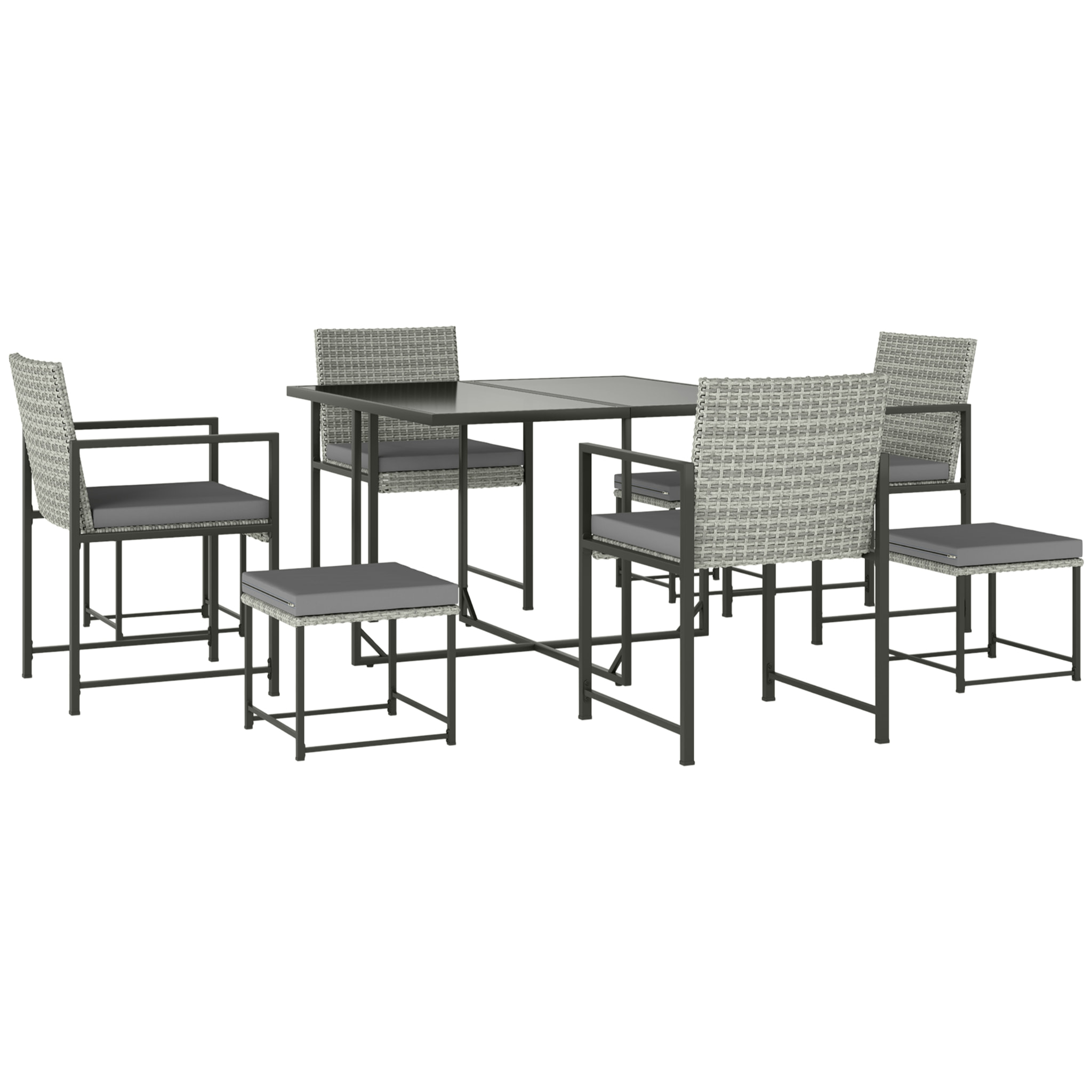 Conjunto de Muebles de Jardín Exterior de Ratán de 9 Piezas Conjunto de Jardin Exterior de Ratán Sintético con Mesa con Vidrio Templado 4 Sillas 4 Taburetes Impermeables Cojines Gris