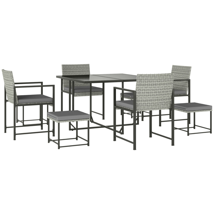 Conjunto de Muebles de Jardín Exterior de Ratán de 9 Piezas Conjunto de Jardin Exterior de Ratán Sintético con Mesa con Vidrio Templado 4 Sillas 4 Taburetes Impermeables Cojines Gris