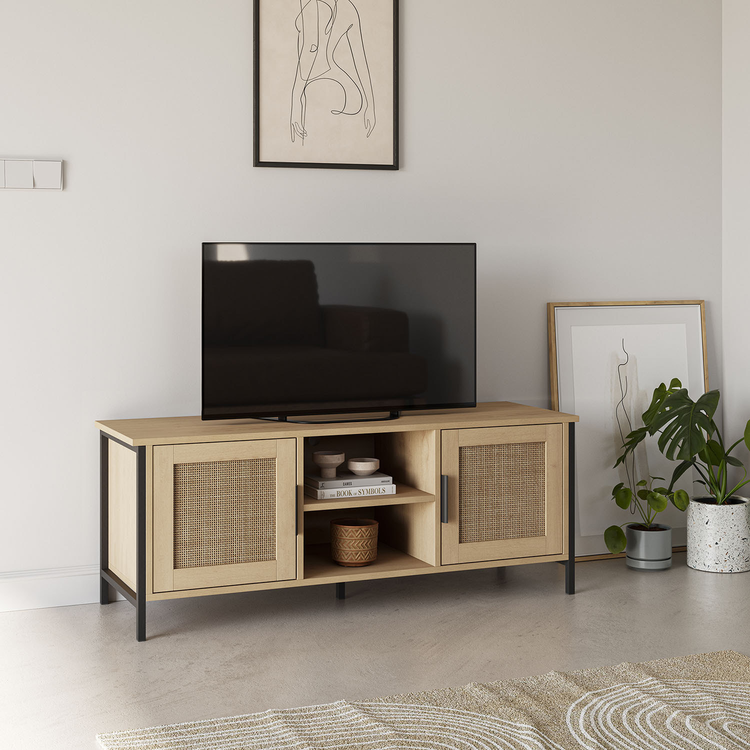 Mueble TV Cruz 2 Puertas Color Roble con ratán Natural, 120 cm