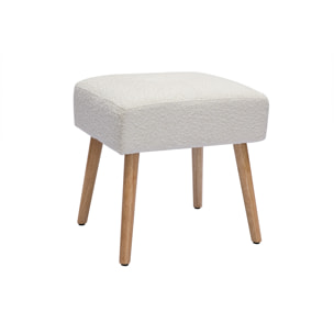 Tabouret bas en tissu effet laine bouclée blanc et bois clair massif H46 cm GUESTA