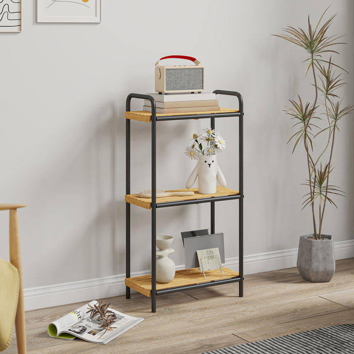 Étagère salle de bain bambou, 3 niveaux, étagère de rangement étroite autoportante cadre en acier pour salon, salle à manger, balcon, cuisine, 41,5 x 21,5 x 77,5 cm, noir et effet bois naturel