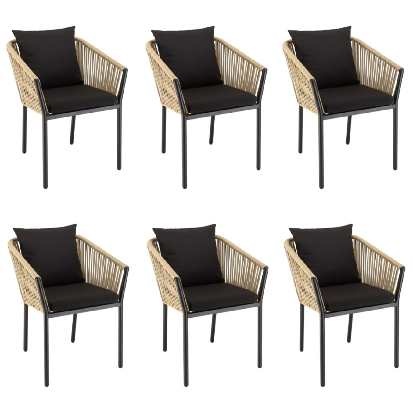 MALO - Lot de 6 fauteuils en cordage couleur naturelle coussins noirs MALO