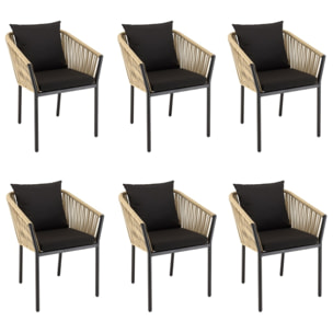 MALO - Lot de 6 fauteuils en cordage couleur naturelle coussins noirs MALO