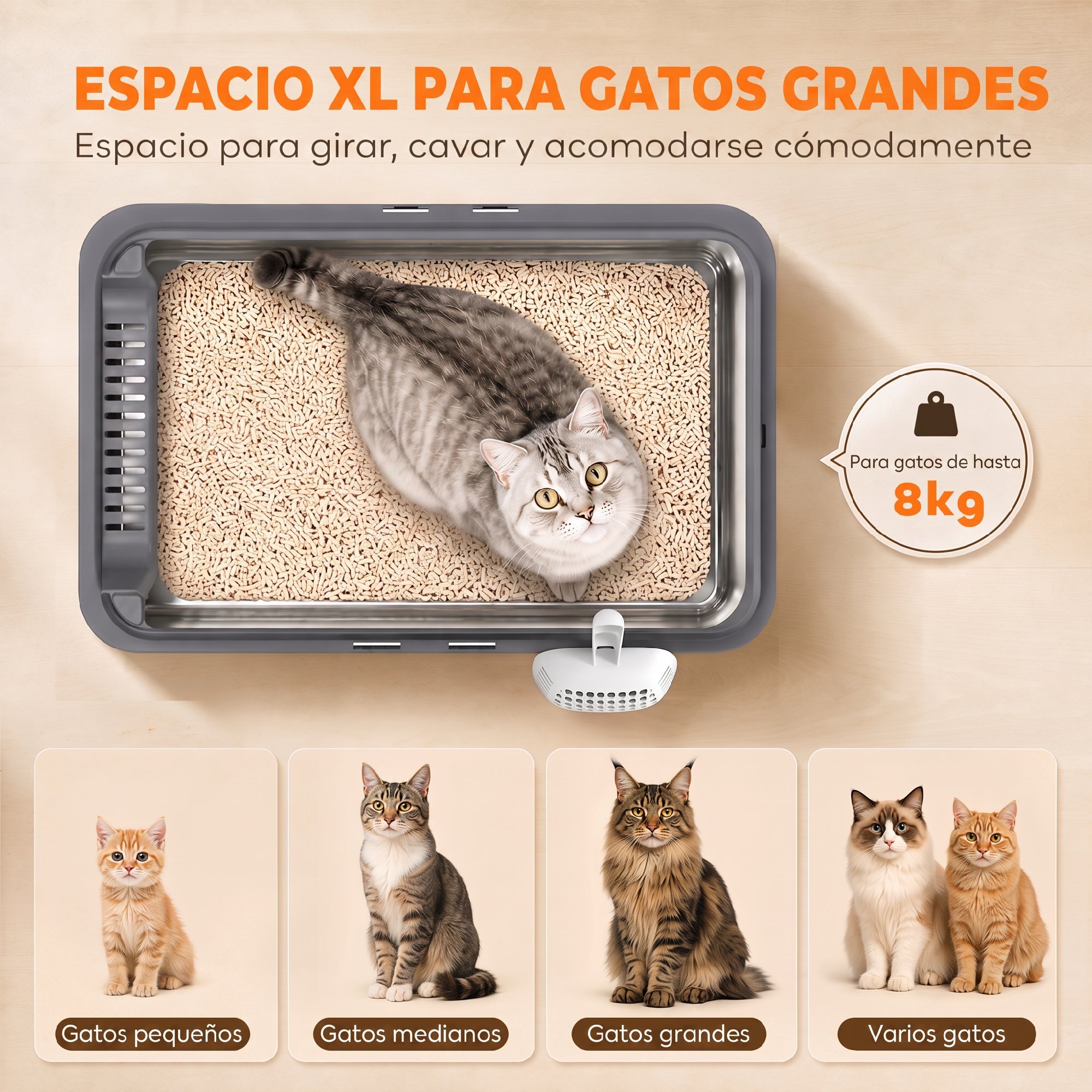 Juego de 2 Areneros Gatos de Acero Inoxidable XL Caja de Arena Grande con Borde Alto, 2 Palas, para Gatos Grandes y Gatitos Múltiples, Fácil de Limpiar, Antifugas, Antiadherente, Gris Oscuro