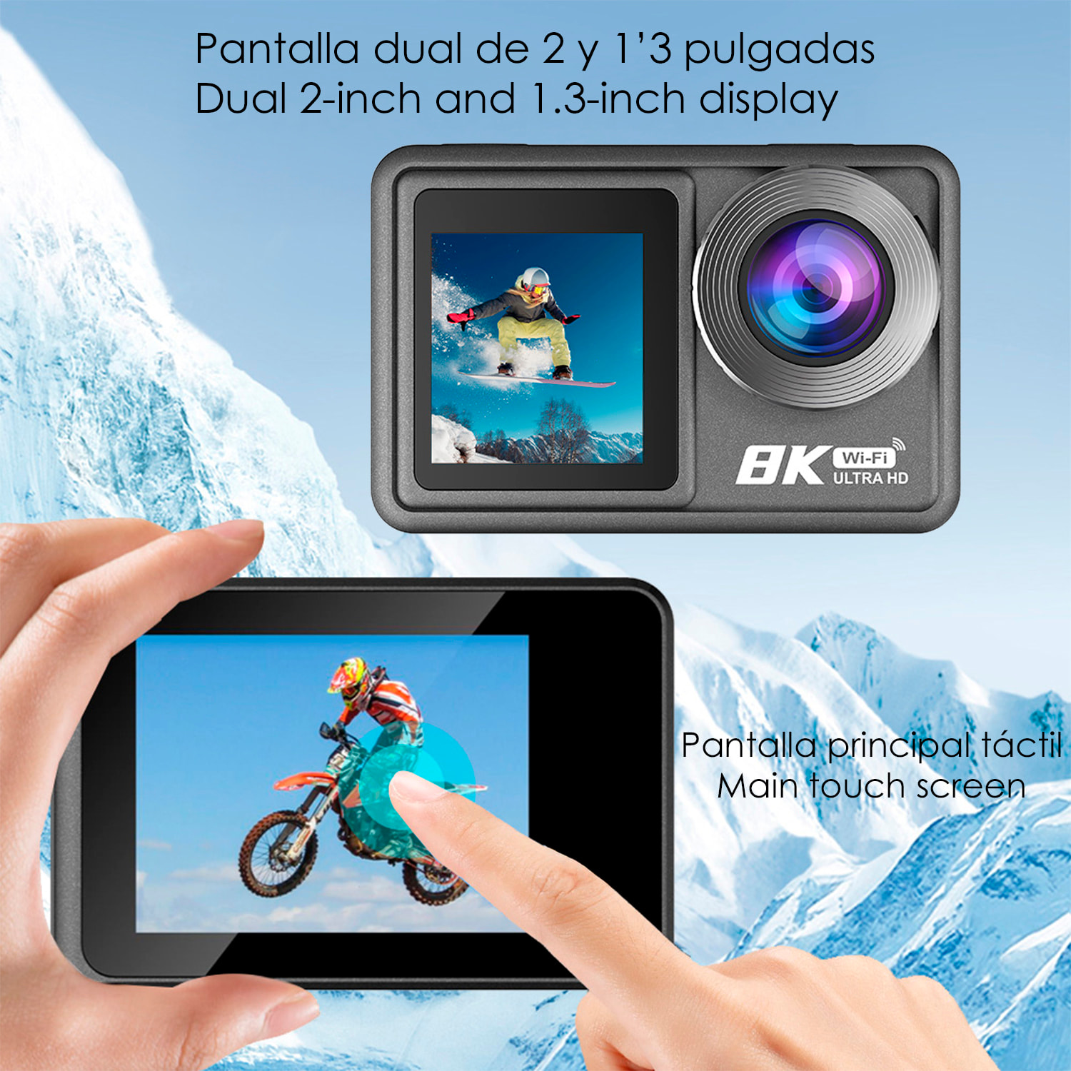 Cámara Deportiva M86 TR 8k 15fps con 50 mpx, doble pantalla de 2" y 1.3", estabilizador de imagen, multitud de accesorios y WIFI.