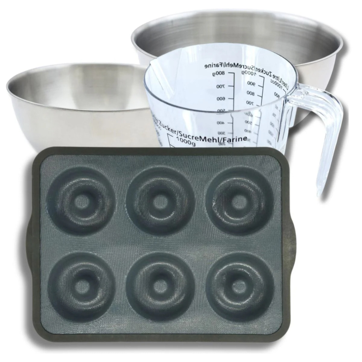 Set pâtisserie avec moule 6 donuts 36 x 26 cm en silicone, 2 bols à mixer, verre mesureur et spatule Zenker