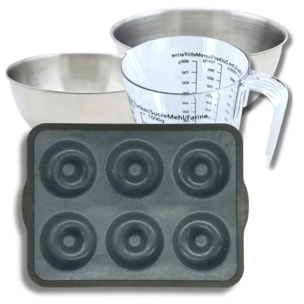 Set pâtisserie avec moule 6 donuts 36 x 26 cm en silicone, 2 bols à mixer, verre mesureur et spatule Zenker
