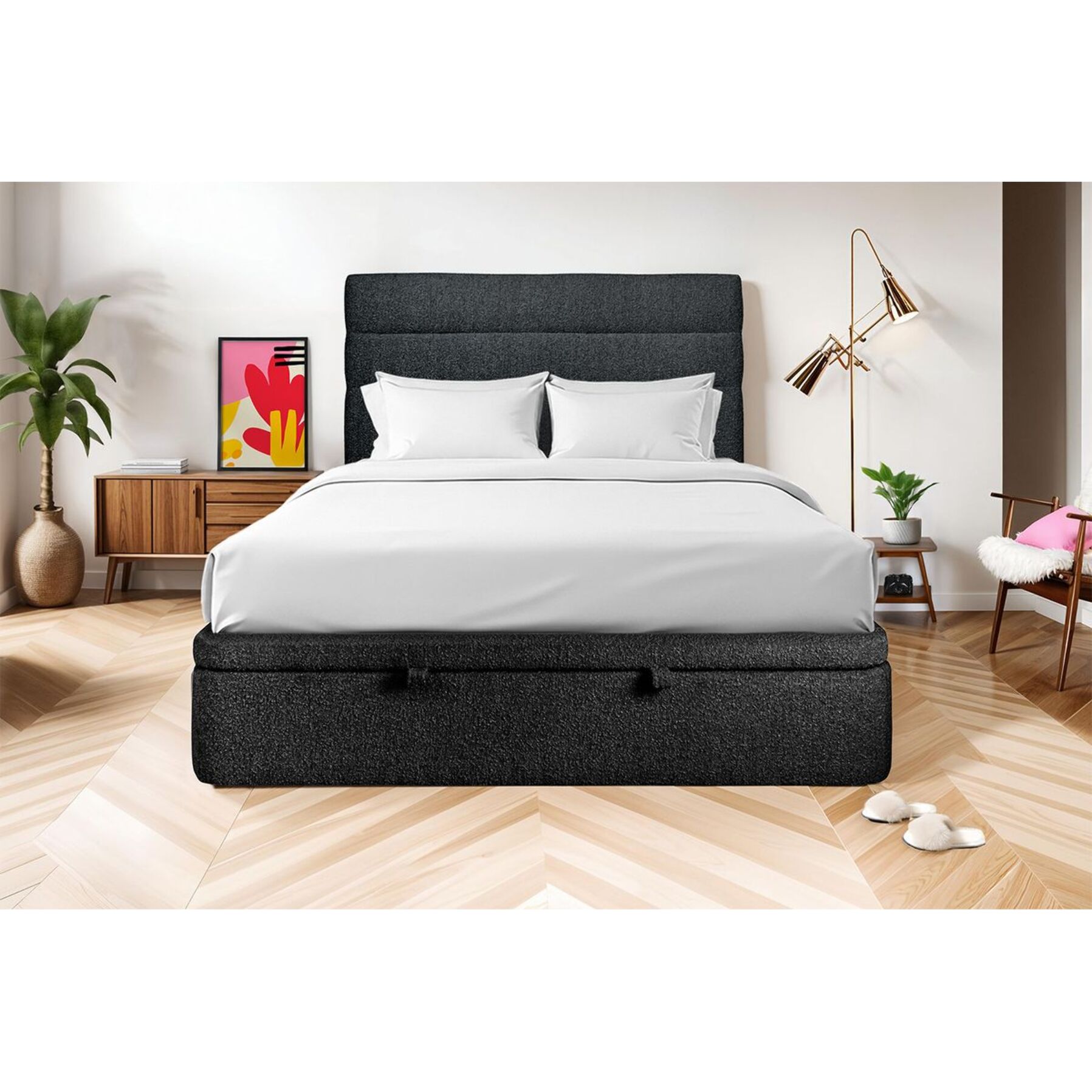 Lit avec sommier et tête de lit à lignes - Tissu bouclette au style tendance - Adapté à tous les matelas, montage rapide - Rangement XXL - Hauteur Totale : 39cm