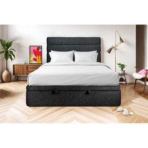 Lit avec sommier et tête de lit à lignes - Tissu bouclette au style tendance - Adapté à tous les matelas, montage rapide - Rangement XXL - Hauteur Totale : 39cm