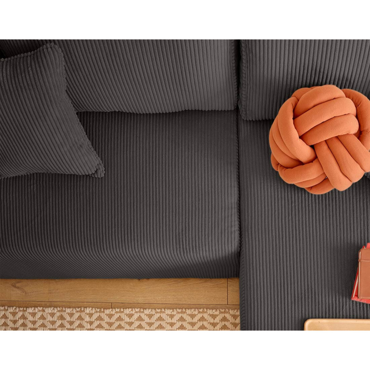 Topaze - canapé d'angle réversible 4 places - convertible avec coffre, tablette et poufs - en velours côtelé - Gris