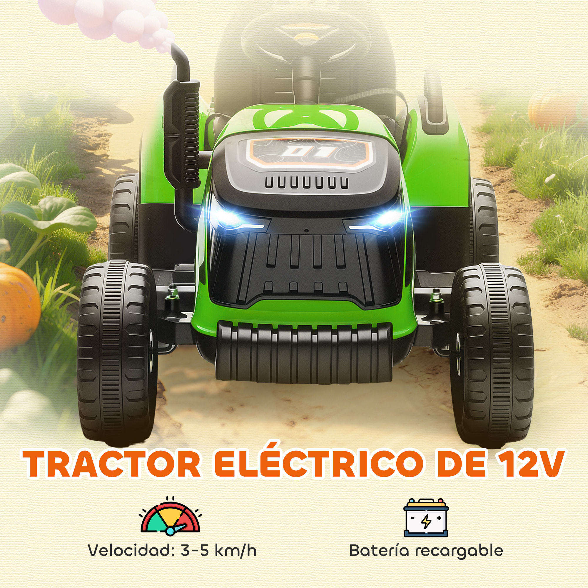 Tractor Eléctrico para Niños con Remolque Desmontable, Tractor de Juguete de Batería 12V, Velocidad 3-5 km/h, Control Remoto 2,4G, Música, Bocina, para Niños de 3-8 Años, Verde