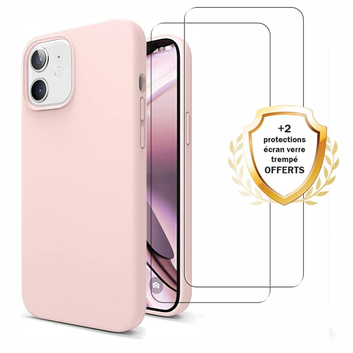 Coque iPhone 11 Silicone liquide Rose + 2 Vitres en Verre trempé Protection écran Antichocs