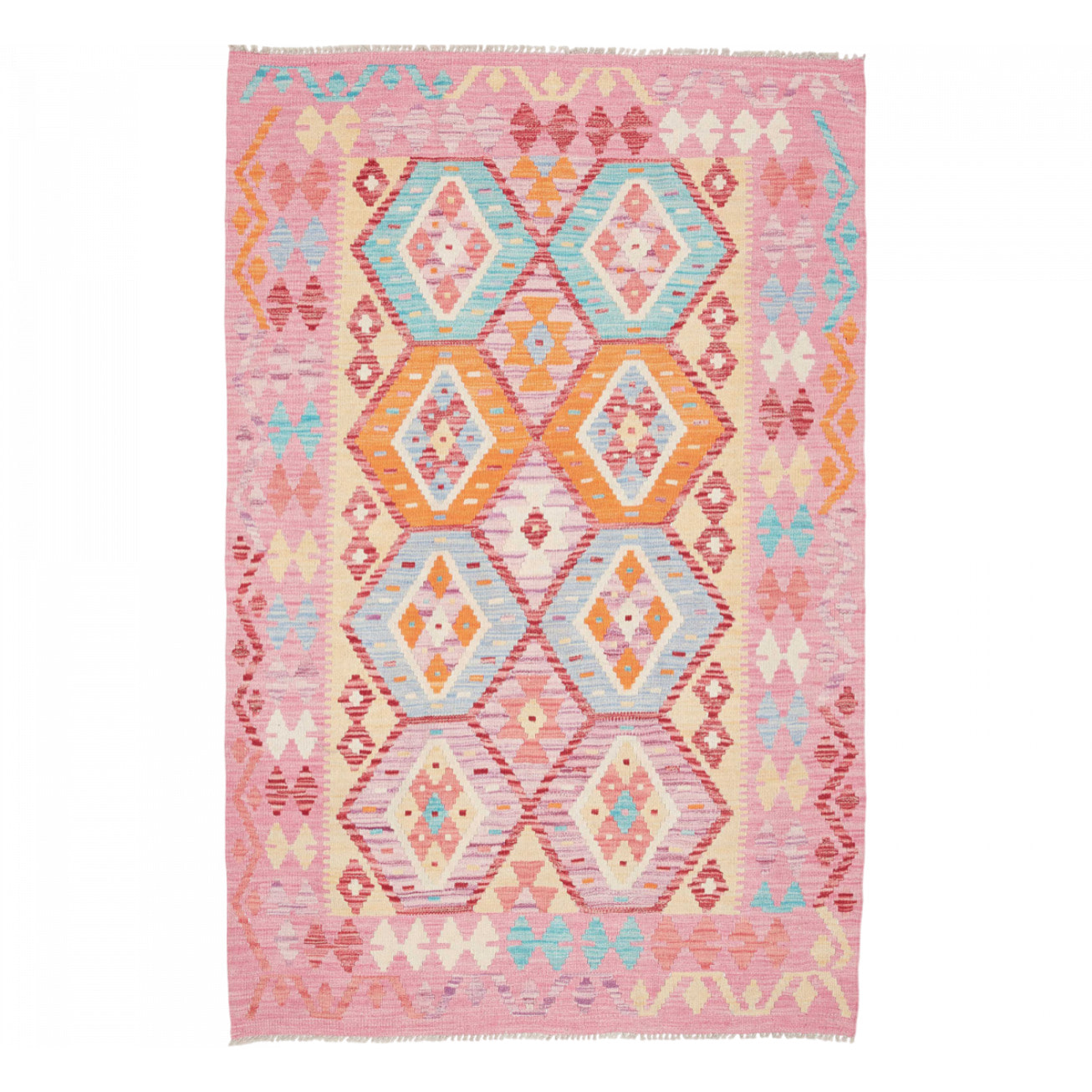 Tapis kilim, motif géométrique, tissé plat en laine naturelle