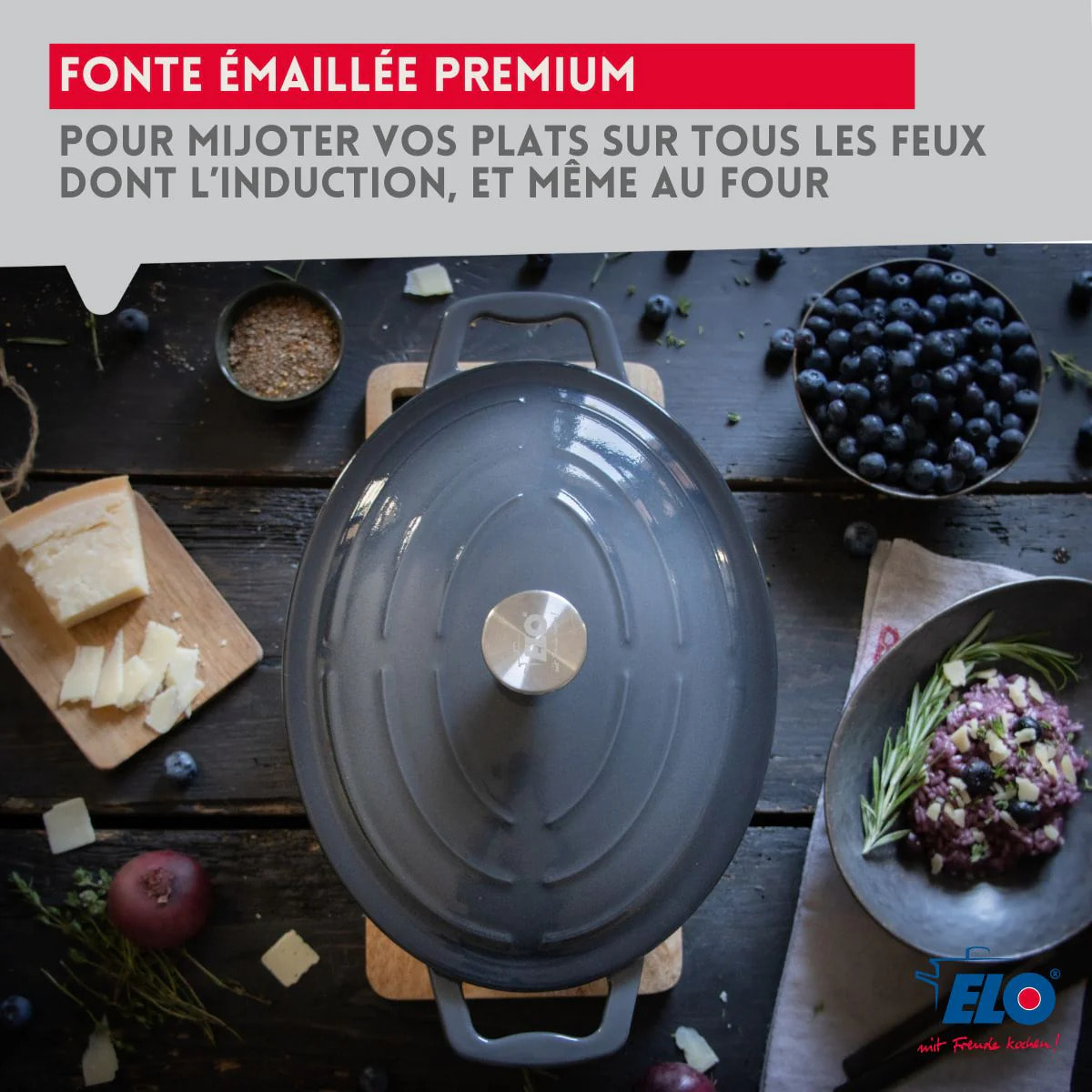 Cocotte ovale en fonte émaillée 33 cm gris classique 5 L Elo