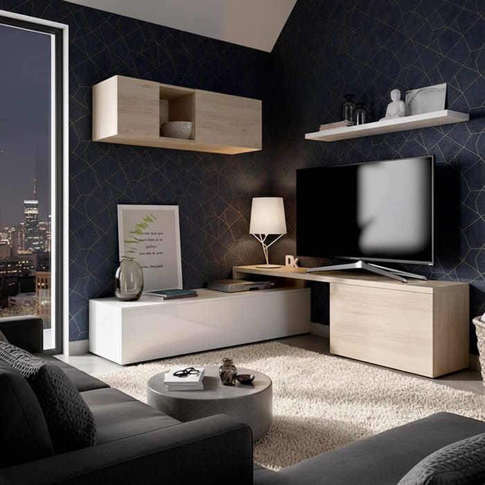 Parete Attrezzata Mobile Soggiorno TV con Mensola Pensile Salotto Legno Base Televisione Sala da Pranzo Design Moderno Modulare Reversibile Adelaide 201 x 41 x 44 cm Colore Bianco e Rovere