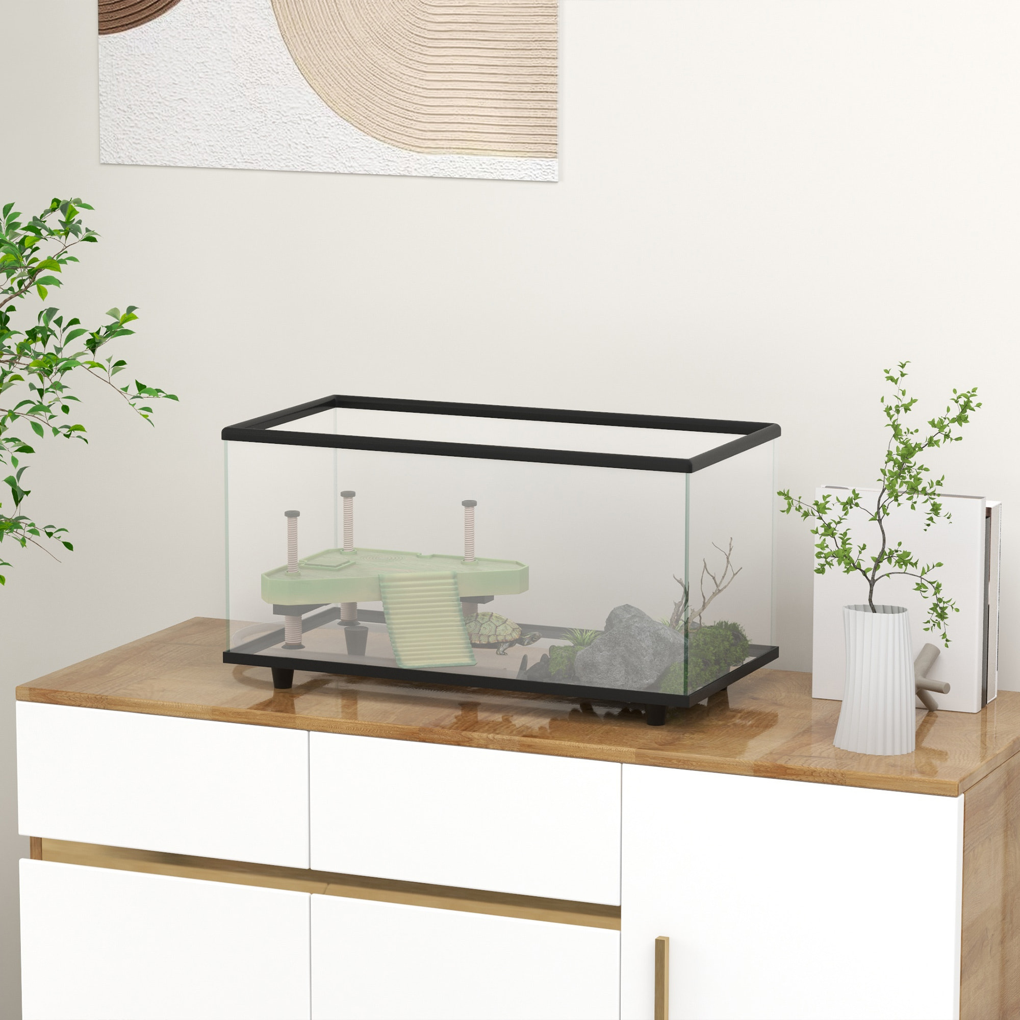PawHut Acuario para Tortugas 50L, Terrario de Tortugas Pequeñas con Plataforma, Rampa, Drenaje Fácil y Termómetro Adhesivo, 60x30x32 cm, Transparente