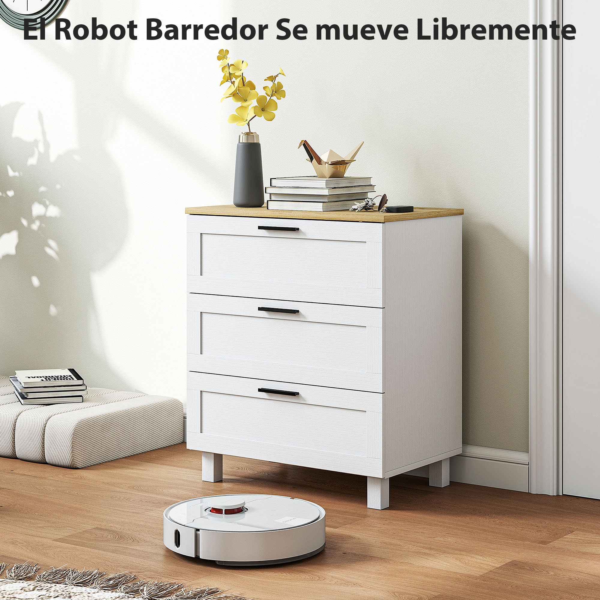 Cómoda Estrecha con 3 Cajones, Cómoda Dormitorio con Patas de Madera, Cajonera para Salón, Oficina, Estilo Moderno, 60x38x71 cm, Blanco