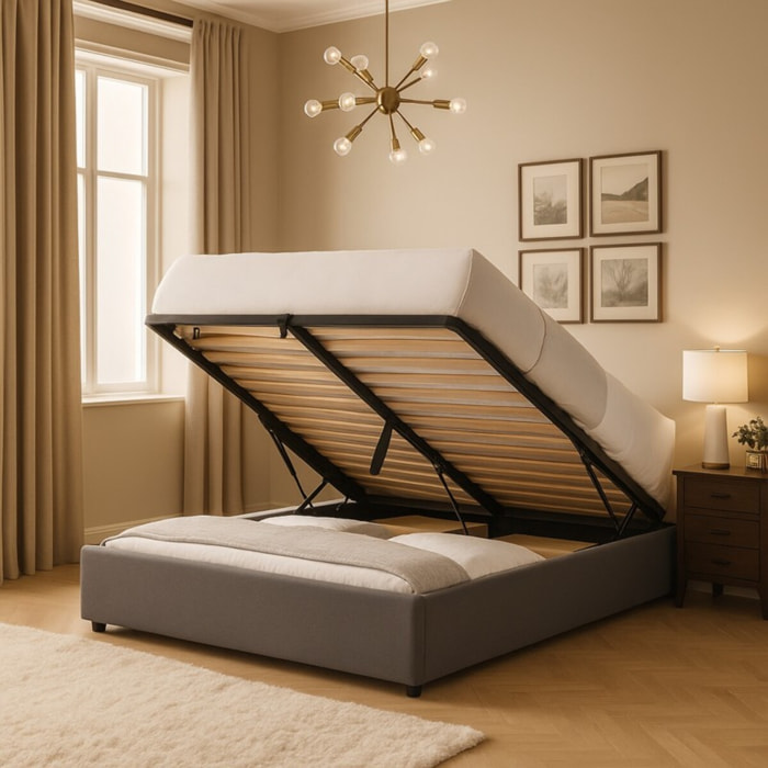 Lit coffre Futura | Ouverture électrique avec télécommande | Espace de stockage jusqu'à 900 L | Tissu | Gris clair