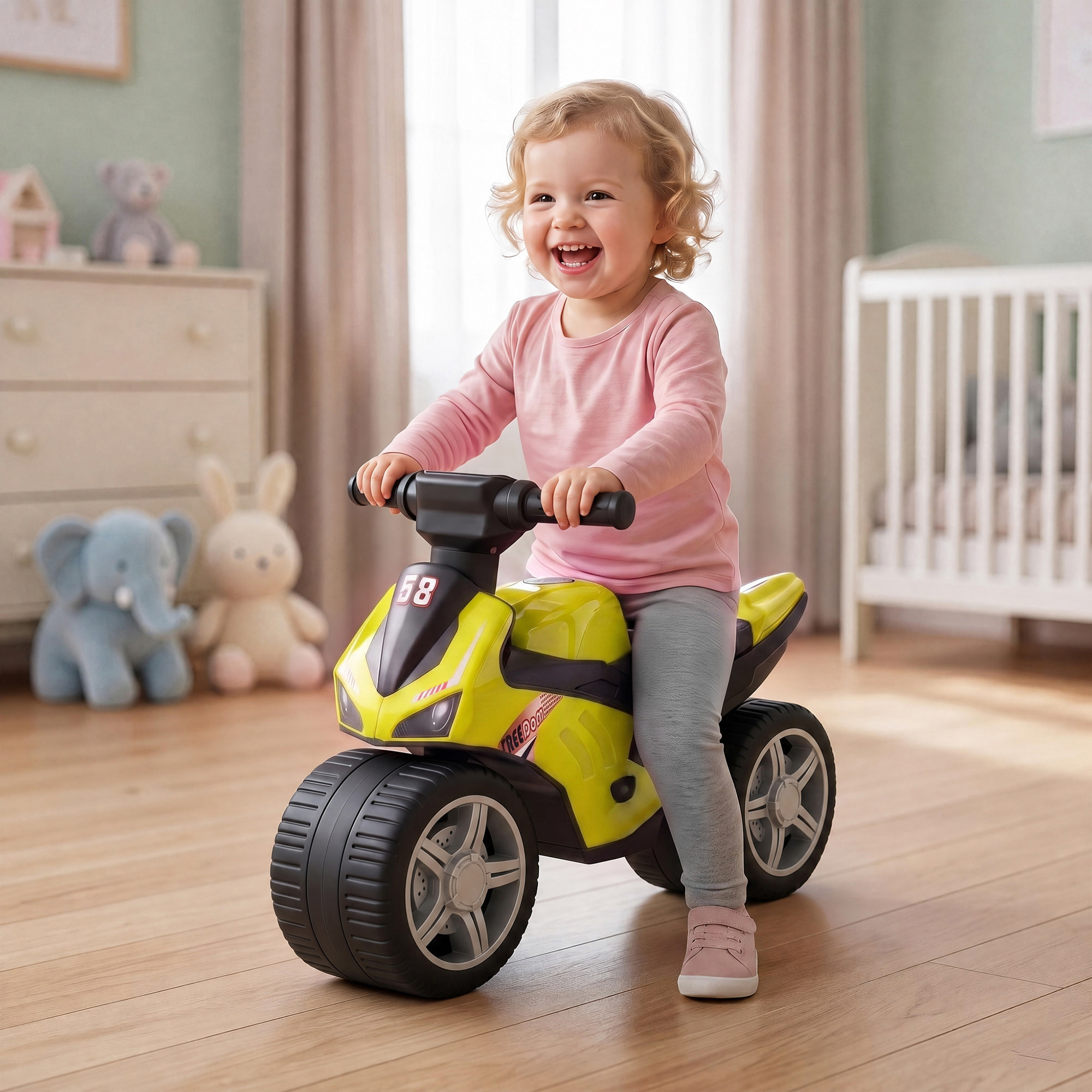 Draisienne moto de course larges roues effets sonores jaune vert
