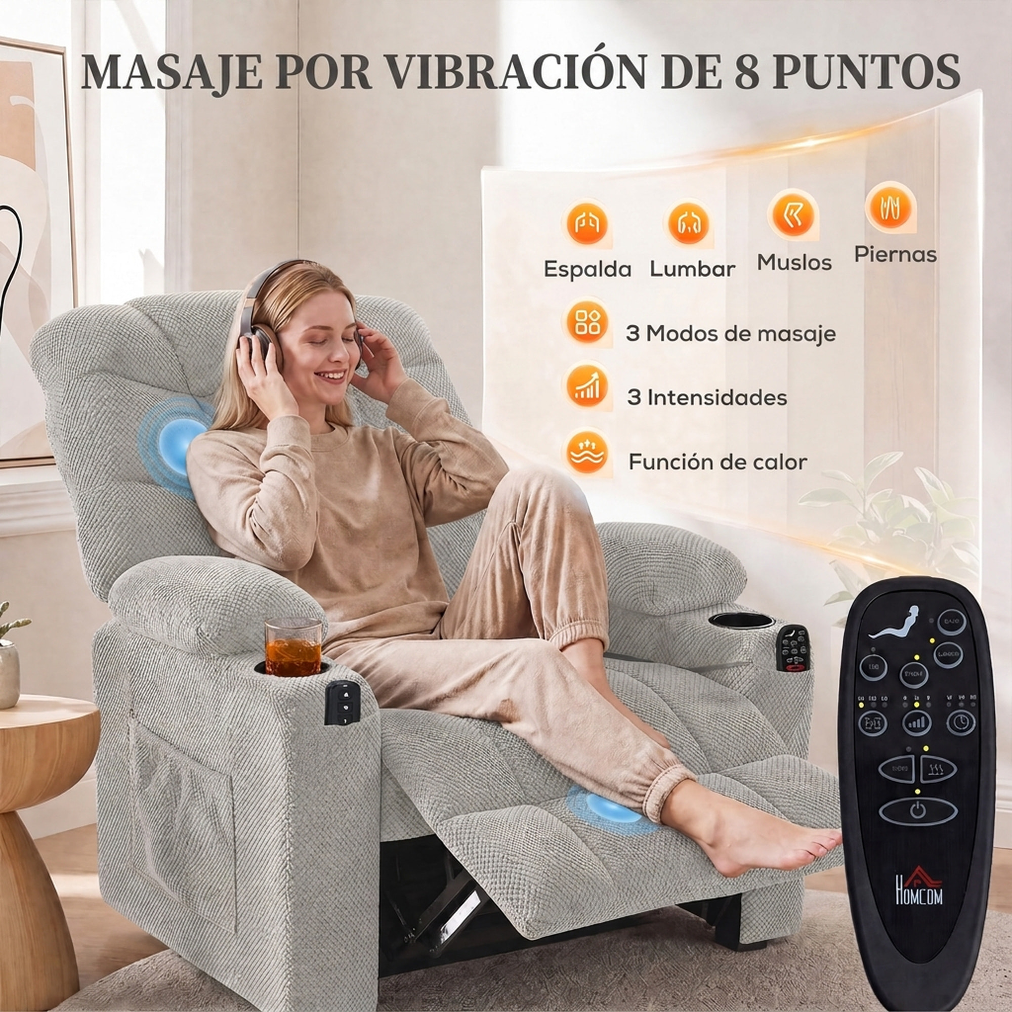 Sillón Relax Reclinable Eléctrico con Calor Lumbar y Masaje Vibración, Sillón Masaje Relax, Motor Silencioso, Función Memoria, Asiento Ancho, Bolsillos, Portavasos, USB, Tela Terciopelo, Gris