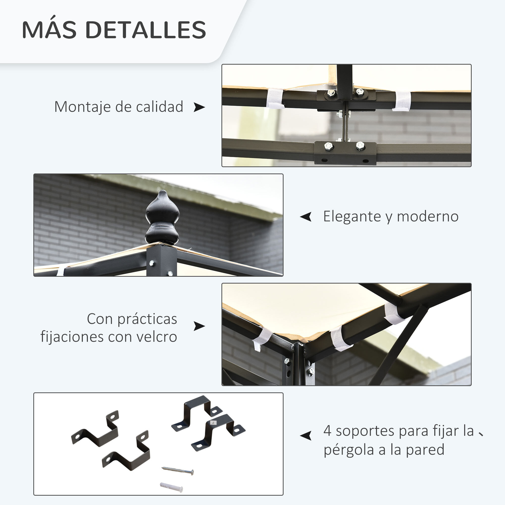 Outsunny Pérgola de Jardín 4x3 m Montado en Pared con Toldo y 4 Orificios Crema