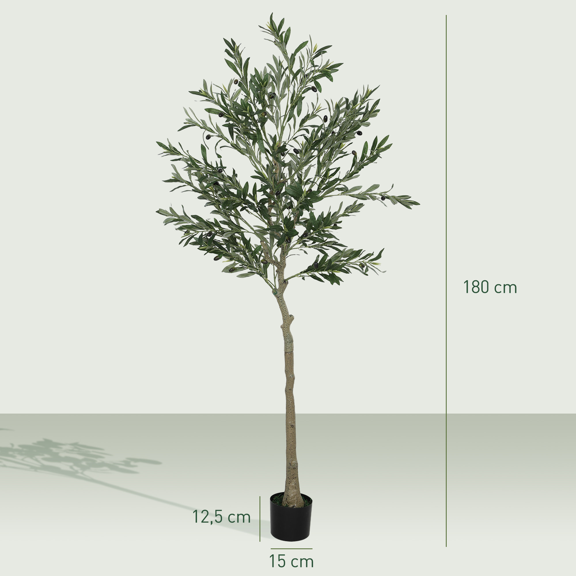 Olivier artificiel H.180 cm - grand réalisme - 900 feuilles en soie, 40 olives - mousse effet lichen pot inclus