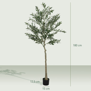 Olivier artificiel H.180 cm - grand réalisme - 900 feuilles en soie, 40 olives - mousse effet lichen pot inclus