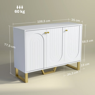 Aparador 3 Puertas Aparador para Salón Moderno con Estantes Ajustables y Patas Doradas para Comedor Entrada Mueble para TV hasta 50 Pulgadas Blanco 106,5x35x77,5 cm
