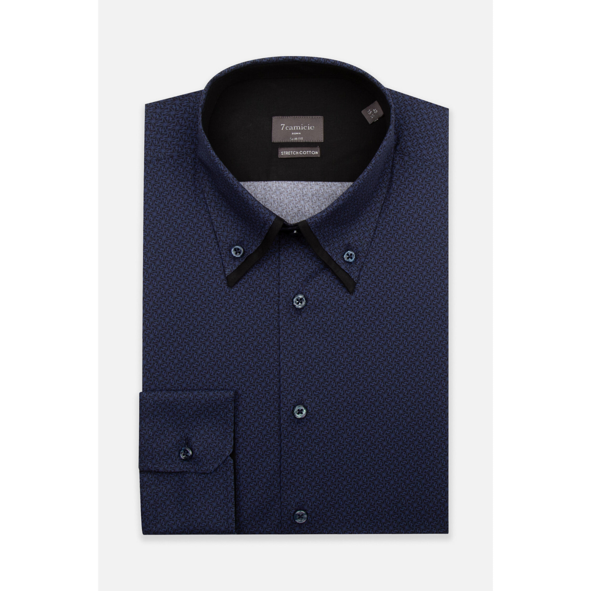 Camicia Uomo 2 Bottoni Button Down Doppio Coll Popeline Stretch Stampato Nero e Blu Scuro