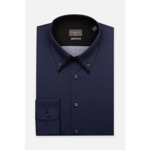 Camicia Uomo 2 Bottoni Button Down Doppio Coll Popeline Stretch Stampato Nero e Blu Scuro