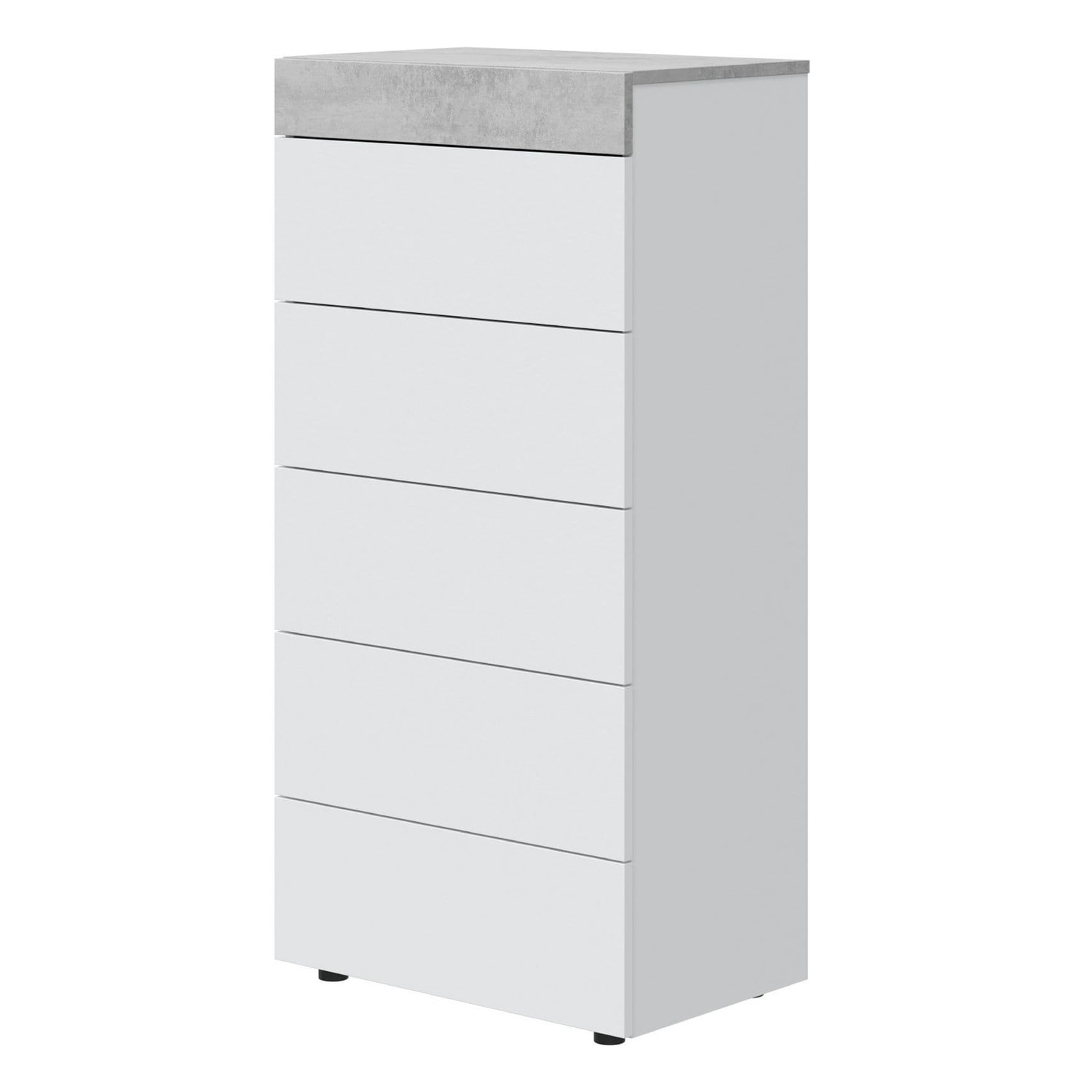 Comò Cassettiera Per Camera Da Letto Settimino Con 5 Cassetti Design Moderno Salvaspazio Mobile Comodino 110 x 40 x 61 Cm Bianco E Grigio Cemento