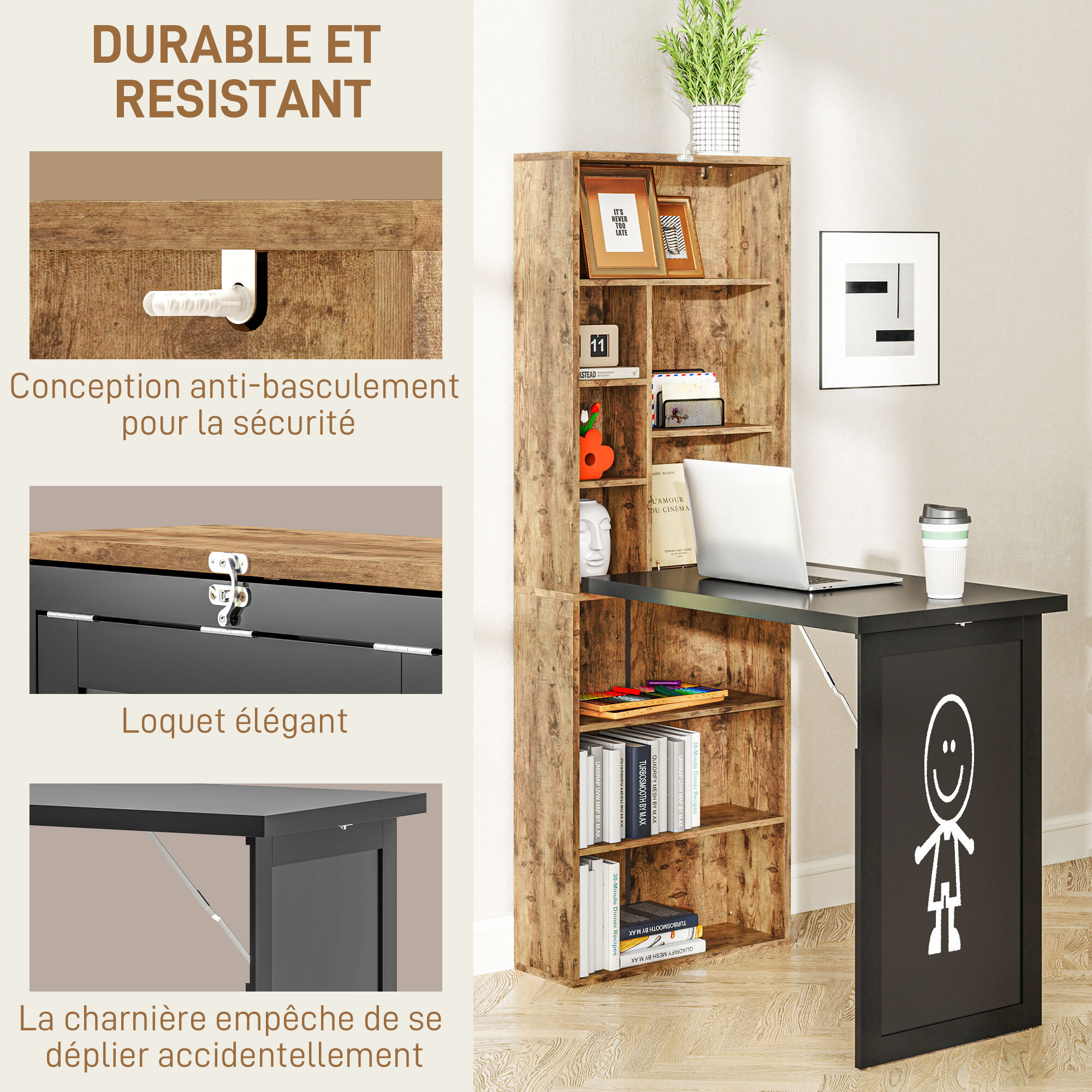 Bureau mural pliable table murale rabattable suspendue sur pied avec bibliothèque tableau à craie intégré panneaux particules bois