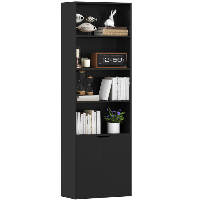 Estantería para Libros de 6 Niveles, Librería con 2 Puertas, 4 Estantes Abiertos, Armario Alto para Salón, Estudio, Oficina, 59x29x180 cm, Negro