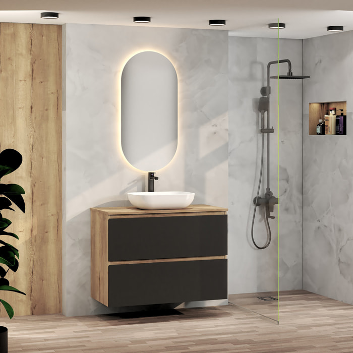 Conjunto de Baño Nia | Mueble Suspendido | 90 cm Negro | Dos Cajones | Lavabo Sobrepuesto | No incluye Espejo | Mueble Montado| Alday