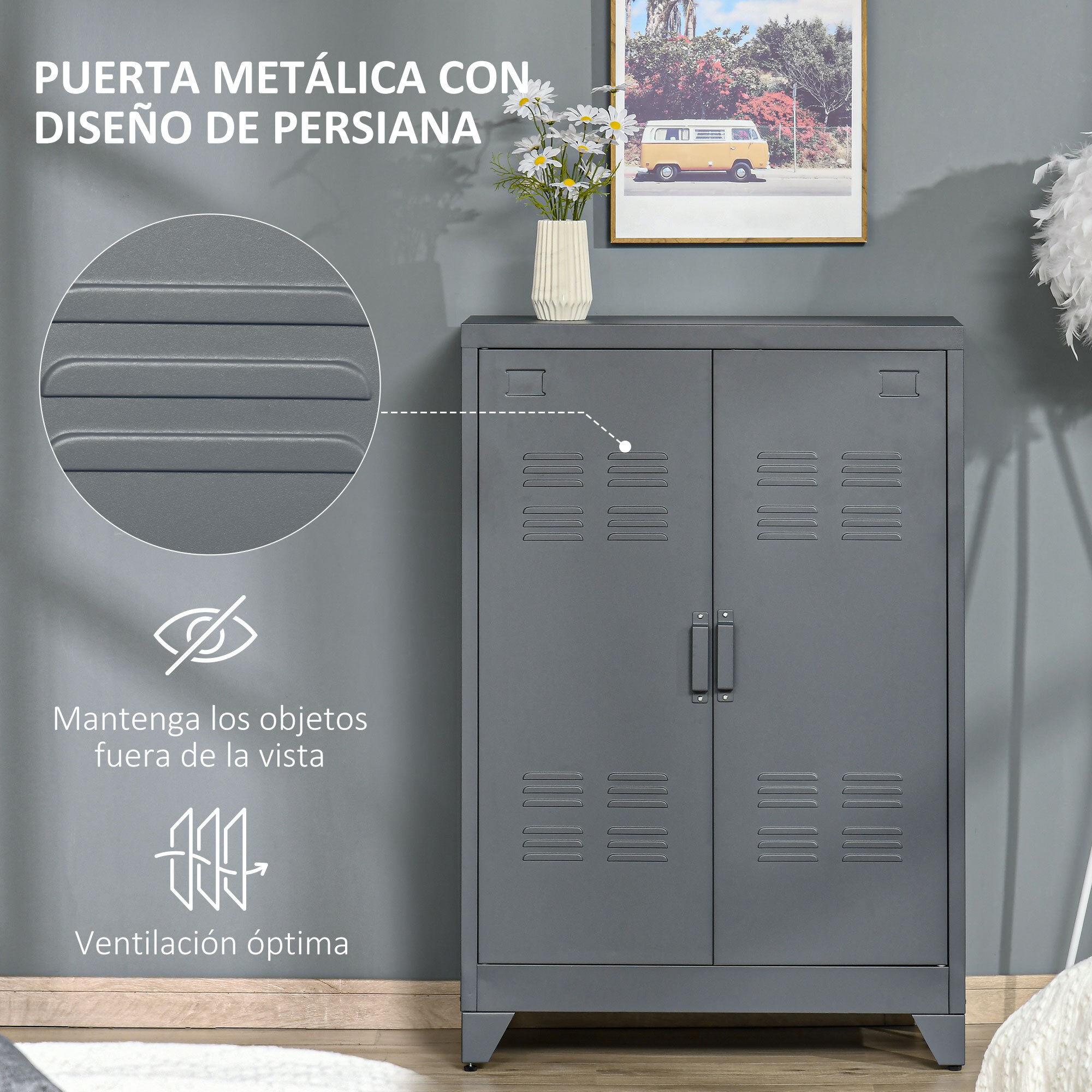 Armario Metálico de Almacenamiento con Doble Puerta de Bisagras y 2 Baldas Ajustables Multiusos para Oficina Salón Dormitorio 75x33x110 cm Gris